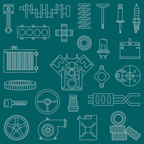 Çizgi düz vektör simge araba parçaları iniş takımı sonunda içten yanmalı motor elemanları ile ayarlayın. Endüstriyel. Karikatür tarzı. Çizim ve tasarım için öğe. Tek renkli. Oto Servisi. Bakım.