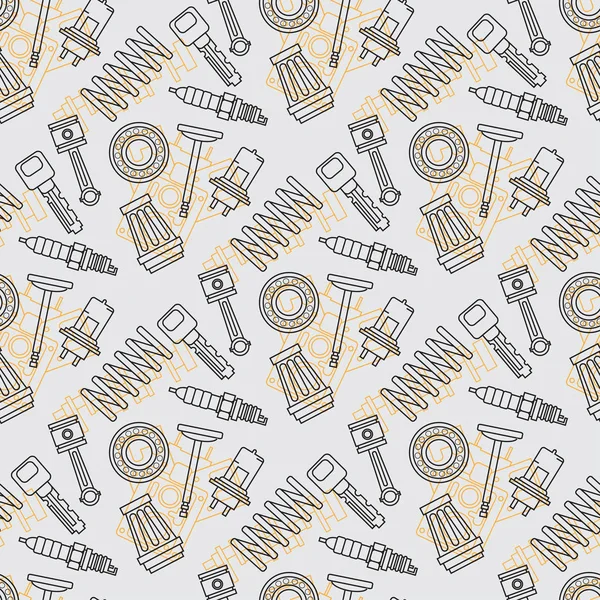 Line flat seamless background pattern with piston, filter, spark plug, spring, valve, bearing and light. Vector illustration texture for design, wallpaper. Auto service. Maintenance. Cartoon style. — Stock Vector