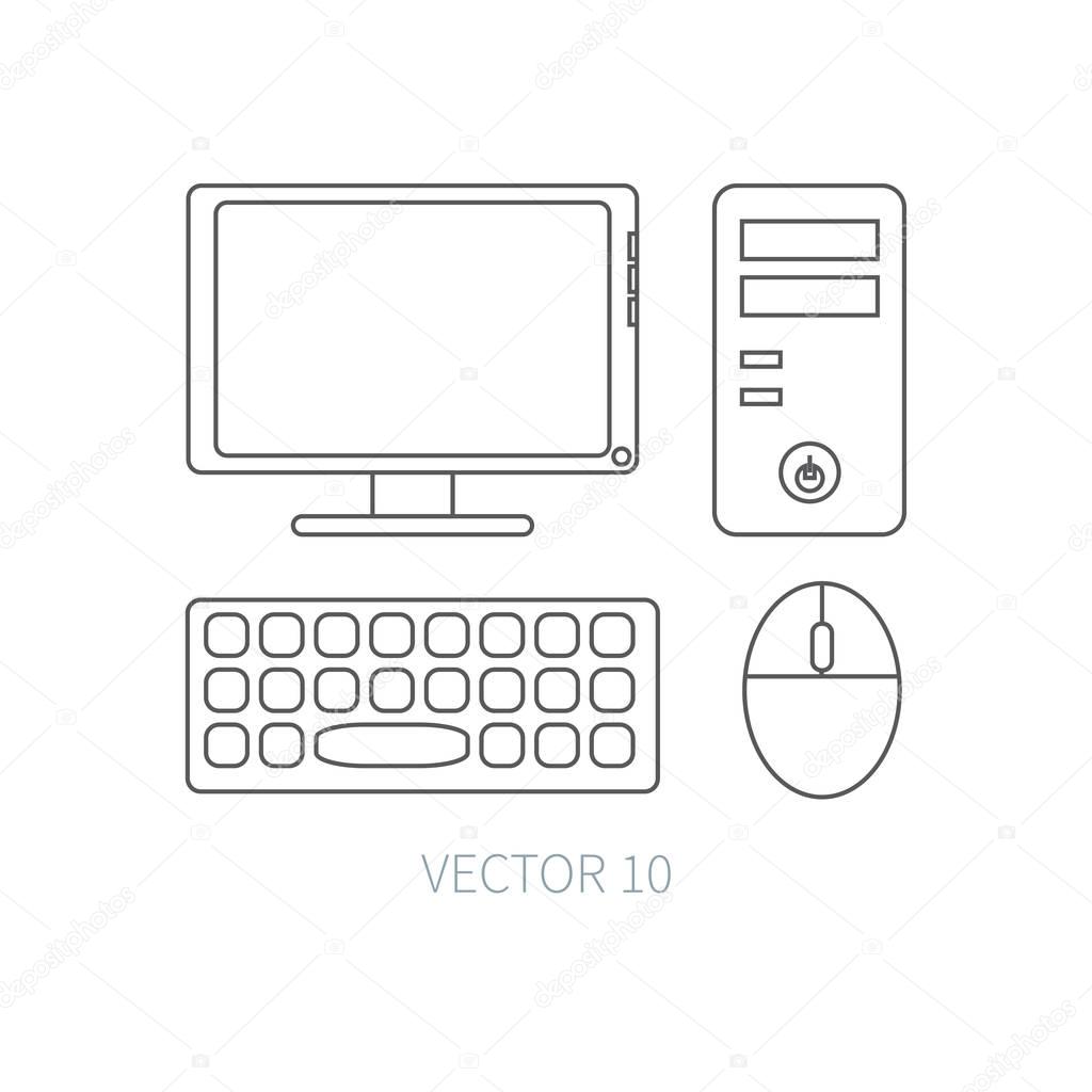 Flat line vector computer set icon. Cartoon style. Illustration, element for your design. Simple. Monochrome. Pc collection. IT. Electronic computing systems. Server. Data. Chip. System block.