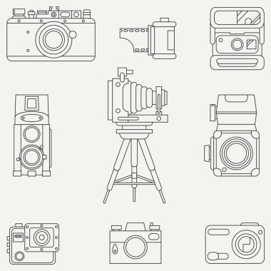 Line flat vector icon set with retro analog film cameras. Photography and art. Reflex 35mm photocamera. Cartoon style. Illustration and element for your design. Photographic lens. Simple. Monochrome. clipart