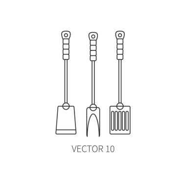 Satır düz vektör mutfak eşyaları simgeler çatal, seviyesinde, kürek kemiği. Çatal bıçak takımı araçları. Karikatür tarzı. Şekil ve tasarımınız için öğe. Gıda hazırlama aygıtları. Mutfak. Ev. Yemek. Cook.