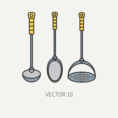 Renk vektör mutfak eşyaları simgeler - kaşık, Kepçe, havaneli satır. Çatal bıçak takımı araçları. Karikatür tarzı. Şekil ve tasarımınız için öğe. Gıda hazırlama aygıtları. Mutfak. Ev. Yemek. Cook.