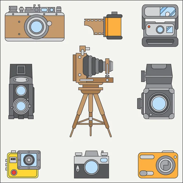 Line flat color vector icon set with retro analog film cameras. Photography and art. Reflex 35mm photocamera. Cartoon style. Illustration and element for your design. Photographic lens. Simple. Shoot. — Stock Vector
