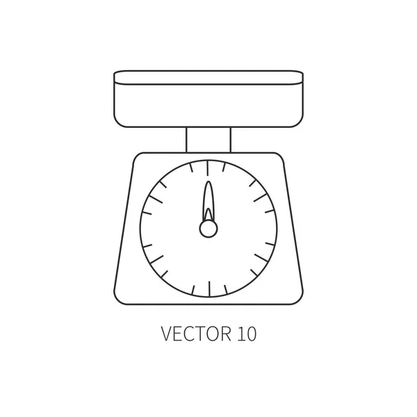 Linha plana ícones utensílios de cozinha vetor - balanças de cozinha. Ferramentas de talheres. Estilo dos desenhos animados. Ilustração e elemento para o seu design. Equipamento para preparação de alimentos. Cozinha. Domicílio. Cozinhar. Cozinheiro. Pesar. . —  Vetores de Stock