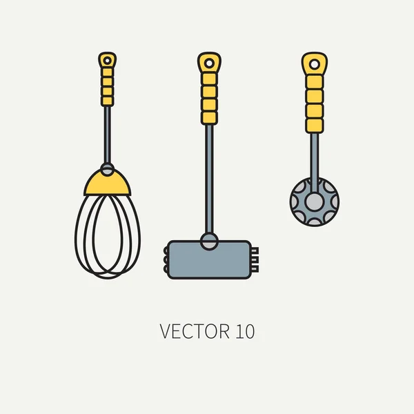 Sor színes vektor konyhai ikonok - kalapács, corolla, mixer. Eszközök, evőeszközök. Rajzfilm stílusú. Illusztráció és az elem a design. Berendezések élelmiszer-készítmény. Konyha. Háztartás. Főzés. Szakács. — Stock Vector