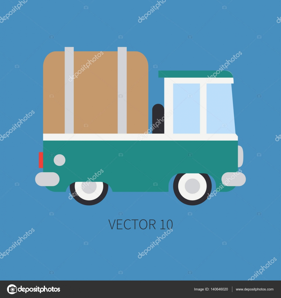 Macchina di vettore piatta pianura colore icona servizio personale Veicolo merciale Cartone animato stile vintage Trasporto del carico