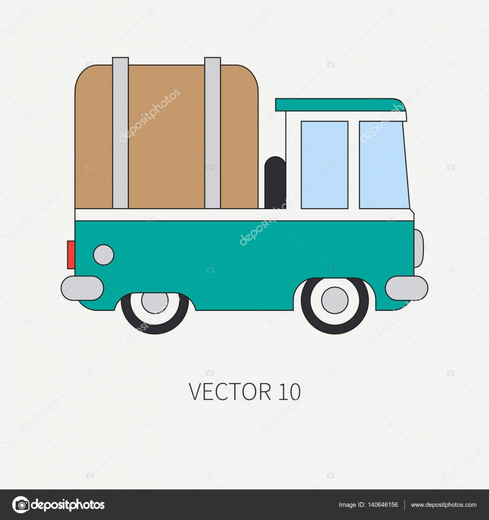 Macchina di linea vector piatto colore icona servizio personale Veicolo merciale Cartone animato stile vintage Trasporto del carico