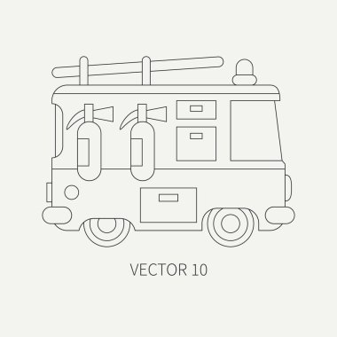 Düz düz vektör simge itfaiye arabası hatta. Acil Yardım araç. Karikatür tarzı. İtfaiyeci. Bakım. Kurtarma. İtfaiye. Yangın söndürücü. Siren. Yol. Şekil ve tasarımınız için öğe.