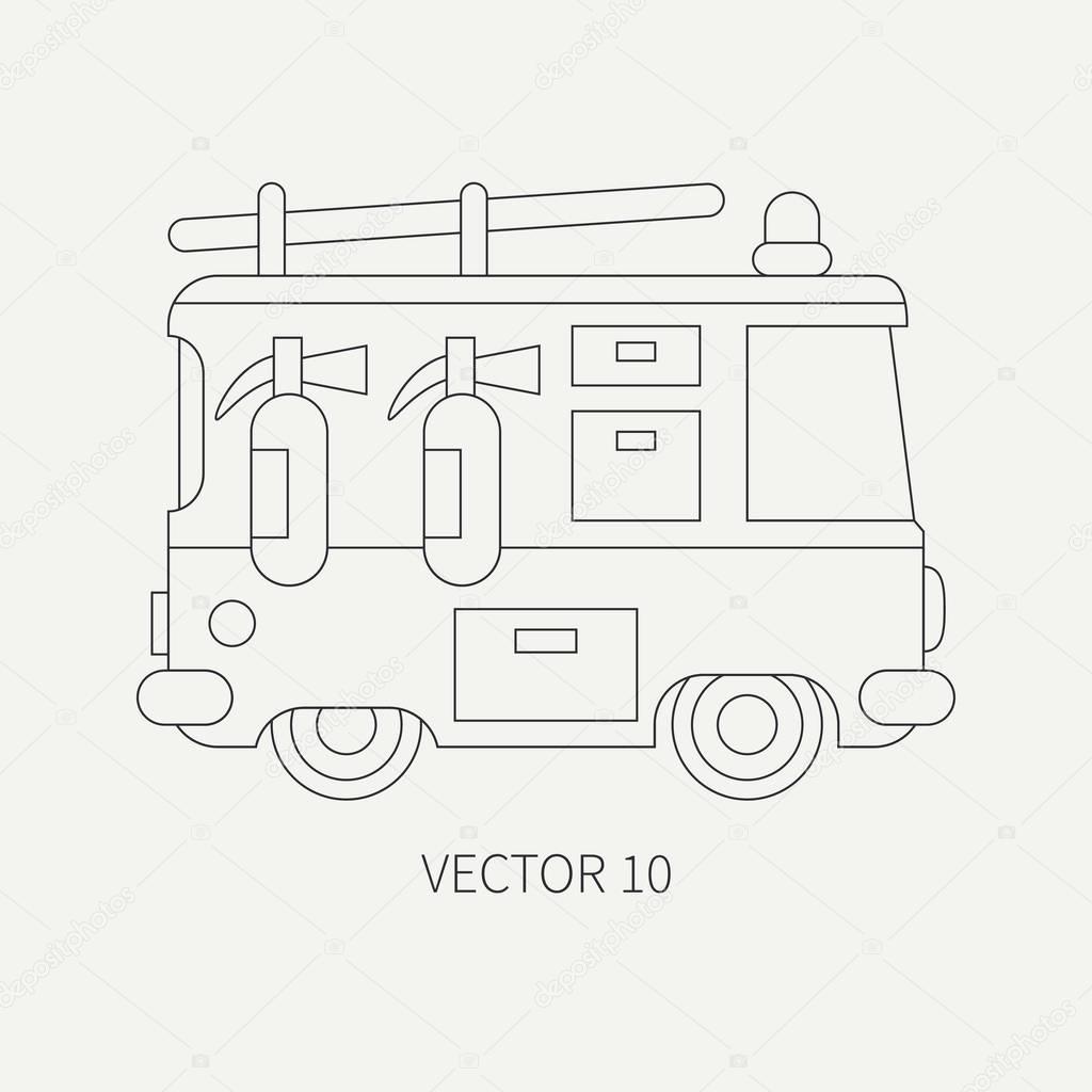Line flat plain vector icon fire truck. Emergency assistance vehicle. Cartoon style. Fireman. Maintenance. Rescue. Fire department. Extinguisher. Siren. Road. Illustration and element for your design.