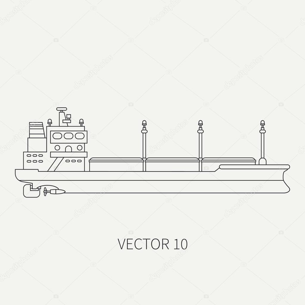 Line flat vector retro icon container cargo ship. Merchant fleet. Cartoon vintage style. Ocean. Sea. Barge. Comercial. Transportation. Captain. Sail. Simple. Illustration and element for your design.