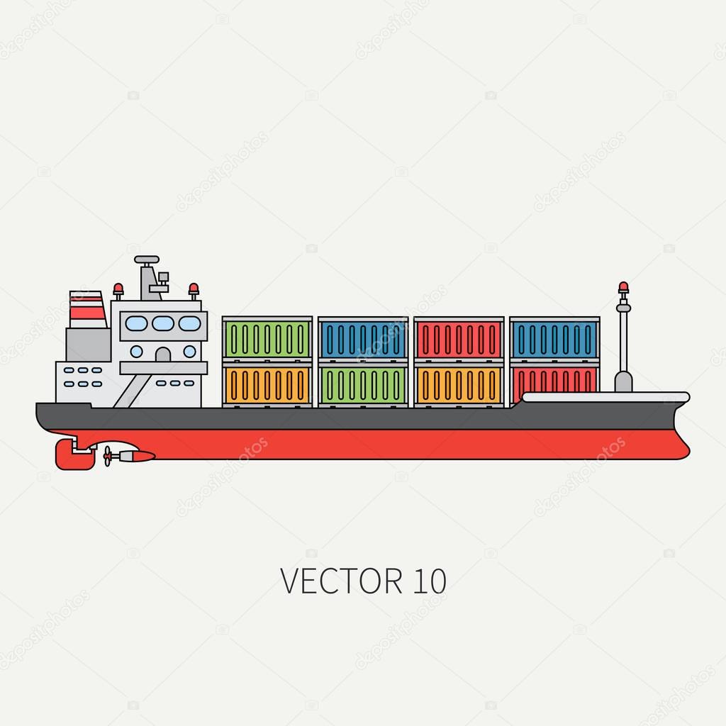 Line flat vector color icon container cargo ship. Merchant fleet. Cartoon vintage style. Ocean. Sea. Barge. Comercial. Transportation. Captain. Sail. Simple. Illustration and element for your design.