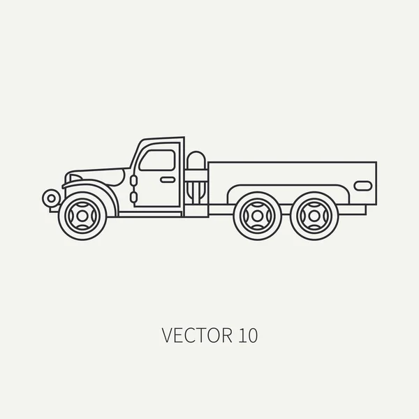 Linha plana vetor simples ícone serviço pessoal corpo aberto caminhão do exército. Veículo militar. Estilo vintage dos desenhos animados. Transporte de carga. Unidade de tractores. Reboque automático. Simples. Ilustração e elemento para o seu design . — Vetor de Stock