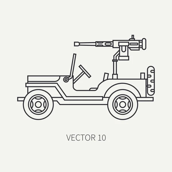 Linie flache Ebene Vektor Symbol bewaffneten offenen Körper Armee Pickup. Militärfahrzeug. Cartoon-Vintage-Stil. Maschinengewehr. mobile Waffenaufbewahrung. Sattelzugmaschine. Abschleppen. Illustration und Element für Ihr Design. — Stockvektor