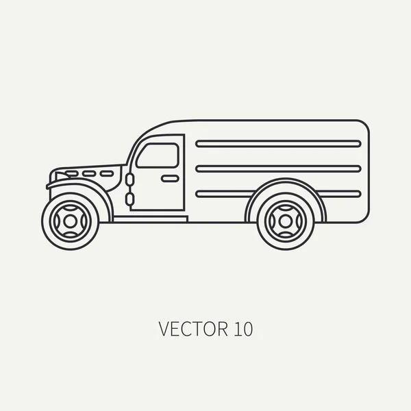 Linie flache Ebene Vektor Ikone Service Personal Armee-Van. Militär-Geländewagen. Cartoon-Vintage-Stil. Frachtverkehr. Sattelzugmaschine. Abschleppwagen. Einfach. Illustration und Element für Ihr Design. — Stockvektor