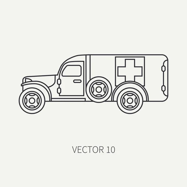 Linha plana vetor simples ícone ambulância exército van. Veículo militar. Estilo vintage dos desenhos animados. Evacuação dos soldados. Medicina de campo. Unidade de tractores. Reboque automático. Simples. Ilustração e elemento para o seu design . — Vetor de Stock