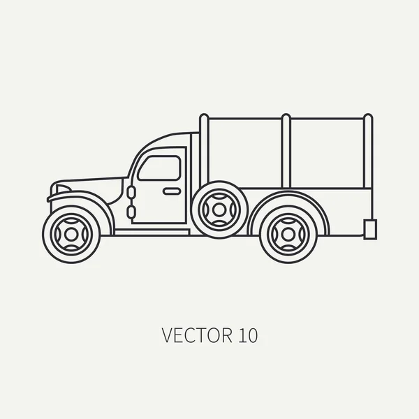 Garis ikon vektor datar gerobak tarpaulin truk tentara. Kendaraan militer. Gaya kartun vintage. Transportasi kargo dan tentara. Unit traktor. Tow. Mudah saja. Ilustrasi dan elemen untuk desain Anda . - Stok Vektor