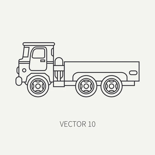 Linha plana vetor simples ícone serviço pessoal corpo aberto caminhão do exército. Veículo militar. Estilo vintage dos desenhos animados. Transporte de carga. Unidade de tractores. Reboque automático. Simples. Ilustração e elemento para o seu design . — Vetor de Stock