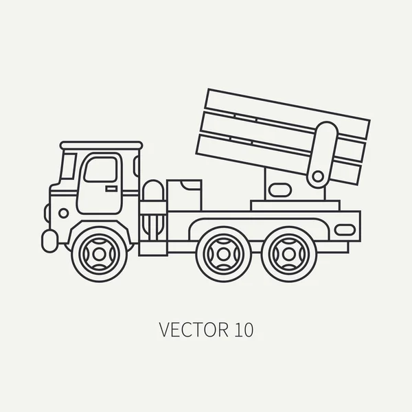 Linie flache Ebene Vektor Symbol gepanzerte reaktive Systeme der Salve Armee LKW. Militärfahrzeug. Cartoon-Vintage-Stil. Raketen. Sattelzugmaschine. Abschleppwagen. Einfach. Illustration und Element für Ihr Design. — Stockvektor