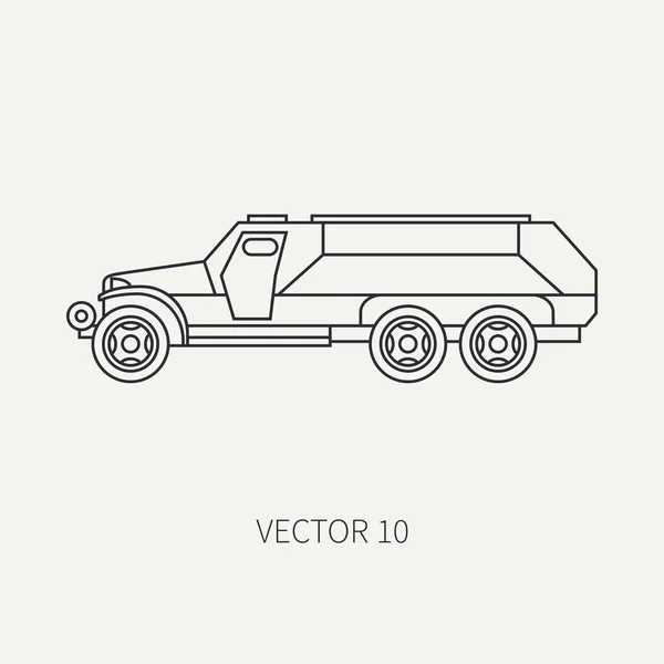 Linha plana ícone vetor planície infantaria assalto blindado caminhão do exército. Veículo militar. Estilo vintage dos desenhos animados. Soldados de transporte. Unidade de tractores. Reboque automático. Simples. Ilustração e elemento para o seu design . — Vetor de Stock