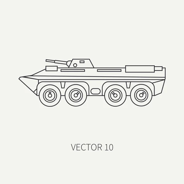 Ligne plat vecteur plat icône infanterie assaut blindé camion de l'armée. Véhicule amphibie militaire. Dessin animé style vintage. Soldats. Unité tracteur. Tow auto. Simple. Illustration et élément pour votre design . — Image vectorielle