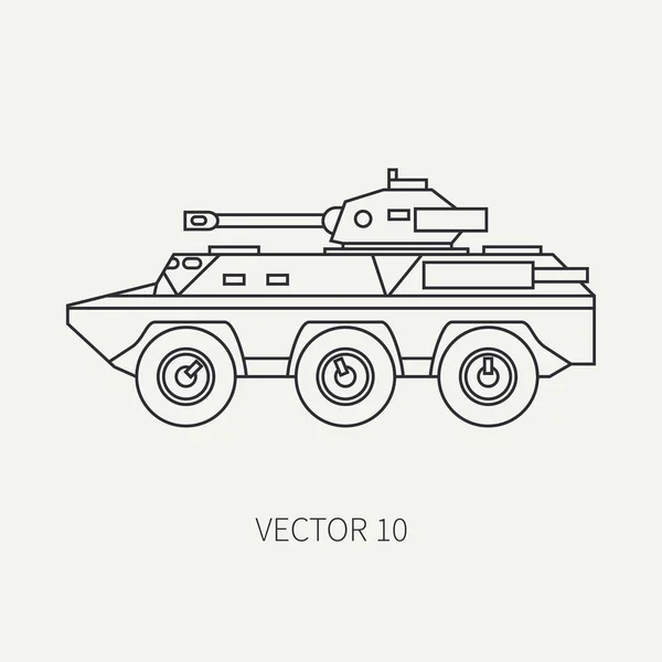 Linha plana ícone vetor planície infantaria assalto blindado caminhão do exército. Veículo militar. Estilo vintage dos desenhos animados. Soldados. Corpo de tanques. Unidade de tractores. Reboque automático. Simples. Ilustração e elemento para o seu design — Vetor de Stock