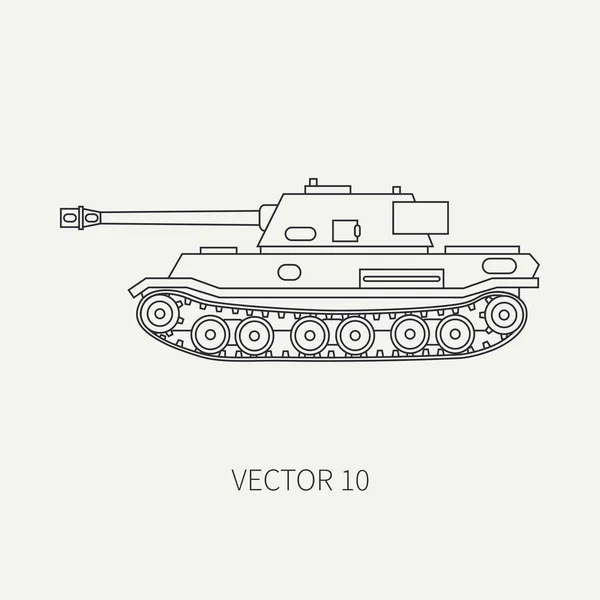 Línea plana vector llano icono infantería asalto ejército tanque. Vehículo militar. Estilo vintage de dibujos animados. Soldados. Cuerpo blindado. Armas. Armas. Unidad de tractor. Remolque. Sencillo. Ilustración y elemento para su diseño — Vector de stock