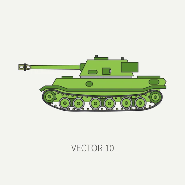 Lijn egale kleur vector pictogram infanterie aanval leger tank. Militair voertuig. Cartoon vintage stijl. Soldaten. Gepantserde corps. Wapens. Trekker. Sleeptouw. Eenvoudig. Illustratie en element voor uw ontwerp — Stockvector