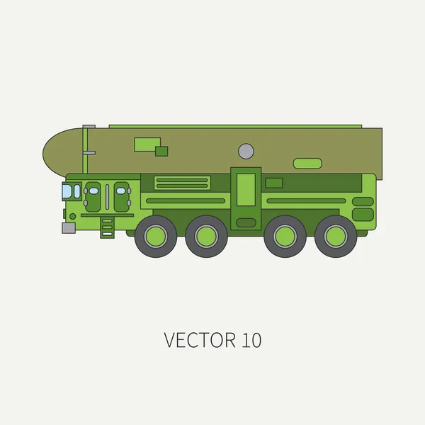 Çizgi düz renk vektör simgesi salvo ordu kamyonu reaktif sistemler zırhlı. Askeri araç. Çizgi film vintage tarzı. Füzeler. Traktör ünitesi. Çekici oto. Basit. Şekil ve tasarımınız için öğe.
