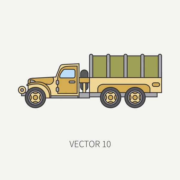 Linie flache Farbe Vektor Symbol Plane Wagen Armee-LKW. Militärfahrzeug. Cartoon-Vintage-Stil. Güter- und Soldatentransport. Sattelzugmaschine. Abschleppen. Einfach. Illustration und Element für Ihr Design. — Stockvektor