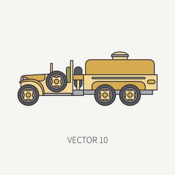 Ligne plat couleur vecteur icône service personnel ravitailleur camion de l'armée. Véhicule militaire. Dessin animé style vintage. Transport de marchandises. Unité tracteur. Tow auto. Simple. Illustration et élément pour votre design . — Image vectorielle