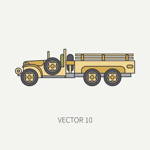 Linha plana cor vetor ícone serviço pessoal corpo aberto caminhão do exército. Veículo militar. Estilo vintage dos desenhos animados. Transporte de carga. Unidade de tractores. Reboque automático. Simples. Ilustração e elemento para o seu design . — Vetor de Stock