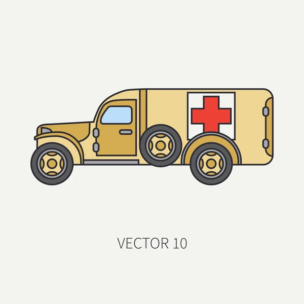 Çizgi düz renk vektör simge ambulans ordu van. Askeri araç. Çizgi film vintage tarzı. Asker tahliye. Alan tıp. Traktör ünitesi. Çekici oto. Basit. Şekil ve tasarımınız için öğe.