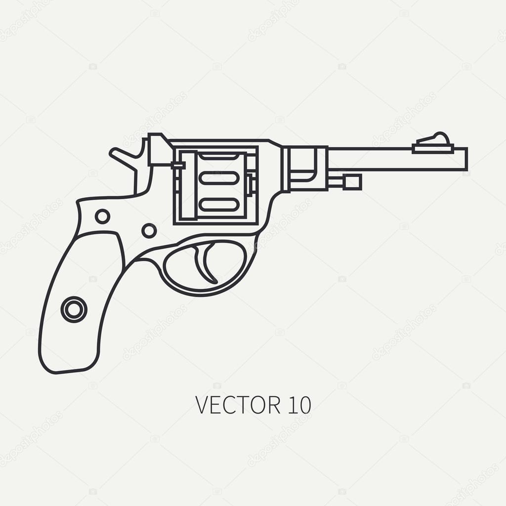 Line flat plain vector military icon revolver, pistol. Army equipment and armament. Legendary retro weapon. Cartoon style. Assault. Soldier. War. Illustration and element for your design and wallpaper