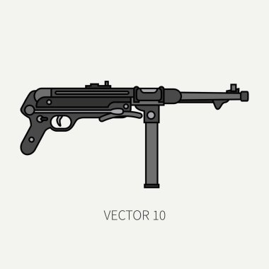 Çizgi düz renk vektör askeri simgesi - makineli tüfek. Ordu tekniği ve donatma. Efsanevi retro silah. Karikatür tarzı. Saldırı. Askerler. Savaş. Çizim ve tasarım ve duvar kağıdı eleman.