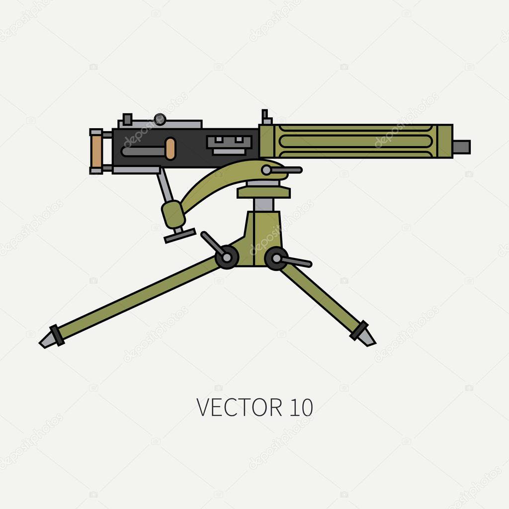 Line flat color vector military icon - machine gun. Army equipment and armament. Legendary retro weapon. Cartoon style. Assault. Soldiers. War. Illustration and element for your design and wallpaper.