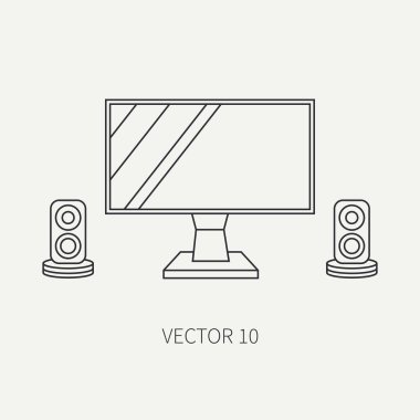 Line düz vektör bilgisayar bölümü simgesi lcd monitör. Karikatür tarzı. Dijital oyun ve iş ofis pc masaüstü aygıt. Yenilik Gadget'ı. Hoparlörler. Çizim ve tasarım, duvar kağıdı için öğe.