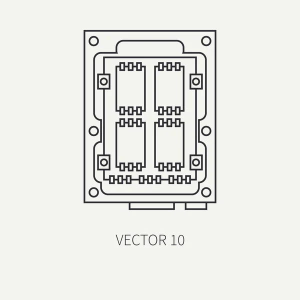 Línea plana vector ordenador parte icono almacenamiento de datos ssd. Estilo de dibujos animados. Juegos digitales y oficina de negocios pc dispositivo de escritorio. Gadget de innovación. Chip. Ilustración y elemento para su diseño, papel pintado . — Vector de stock