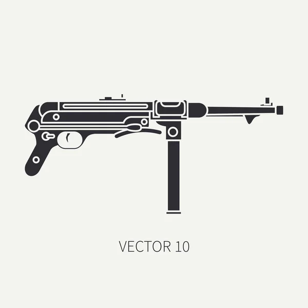 Silhouette. Line flat vector military icon - machine gun. Army equipment and armament. Legendary retro weapon. Cartoon. Assault. Soldiers. War. Illustration and element for your design and wallpaper. — Stock Vector