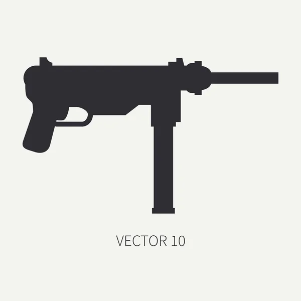 Silhueta. Ícone militar vetor plano de linha metralhadora. Equipamento e armamento do Exército. Arma retro lendária. Desenhos animados. Assalto. Soldados. A guerra. Ilustração e elemento para o seu design e papel de parede . — Vetor de Stock