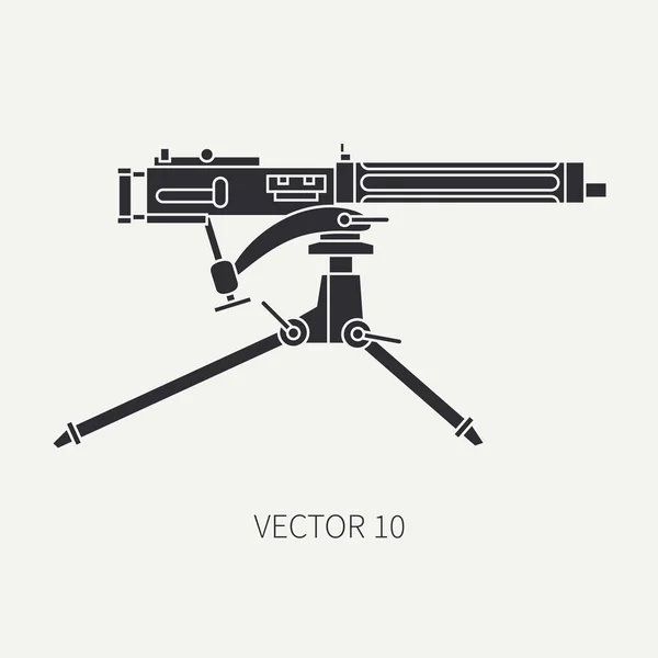 Silhouette. Ligne vecteur plat icône militaire mitrailleuse. Equipement et armement de l'armée. Une arme rétro légendaire. Caricature. Agression. Soldats. La guerre. Illustration et élément pour votre design et papier peint . — Image vectorielle