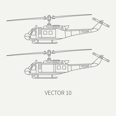 Satırı düz vektör simgesi askeri turboprop nakliye helikopter ayarla. Ordu tekniği ve donatma. Retro helikopter. Çizgi film. Saldırı. Askerler. Çizim ve tasarım ve duvar kağıdı eleman.