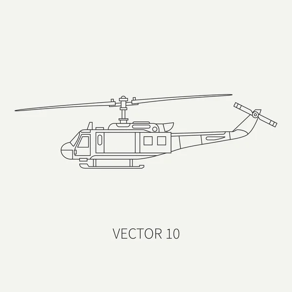 Linha plana vetor ícone militar turboélice helicóptero de transporte. Equipamento e armamento do Exército. Um helicóptero retro. Desenhos animados. Assalto. Soldados. A guerra. Ilustração e elemento para o seu design e papel de parede . — Vetor de Stock