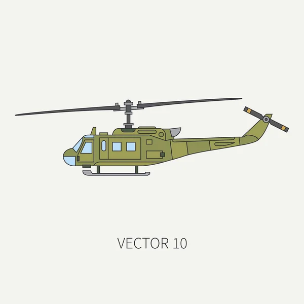 Line flat color vector icon military turboprop transportation helicopter. Army equipment and armament. Retro copter. Cartoon. Assault soldiers. War. Illustration and element for your design, wallpaper — Stock Vector