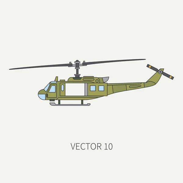 Line flat color vector icon military turboprop transportation helicopter. Army equipment and armament. Retro copter. Cartoon. Assault soldiers. War. Illustration and element for your design, wallpaper — Stock Vector