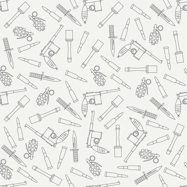 Seamless line pattern with military equipment icons. Vector illustration. Elements for design. Ww2 army weapons collection. Graphic texture for design and wallpaper. Monochrome war pattern. — Stock Vector