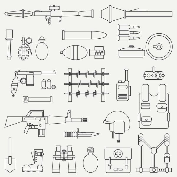 Line flat vector military icon set. Army equipment, weapons and armament. Cartoon style. Army. Assault. Soldiers. War. Retro. Ammunition. Vector illustration and element for your design and wallpaper.