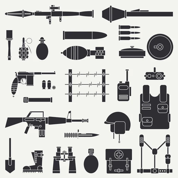 Silhueta. Linha plana vetor conjunto de ícones militares. Equipamento e armas do Exército. Estilo dos desenhos animados. Assalto. Soldados. Armamento. Munições. Retro. Ilustração vetorial e elemento para o seu design e papel de parede —  Vetores de Stock