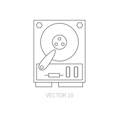Düz çizgi vektör bilgisayar bölümü simgesi - sabit disk. Karikatür tarzı. Şekil ve tasarımınız için öğe. Basit. Tek renkli. PC toplama. Bunu elektronik bilgi işlem sistemleri. Sunucu. Veri. Çip. HDD.