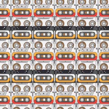 Sorunsuz arka plan desen yenilikçi stili ile audiocassette. Müzik. Ses. Retro. Manyetik bant. Analog çoklu ortam teknolojisi. Eğlence. Vektör çizim doku tasarım, duvar kağıdı için.