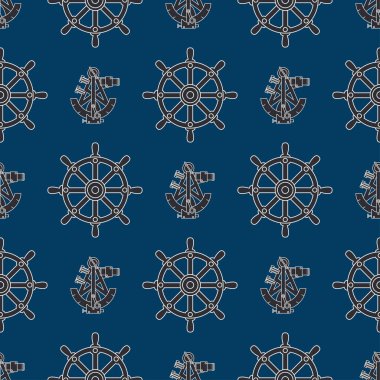 Direksiyon simidi ve sextant deniz sorunsuz arka plan deseni. Vektör çizim doku tasarım, duvar kağıdı için.